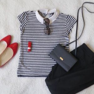 Ann Taylor Black and White Striped Collared Shirt